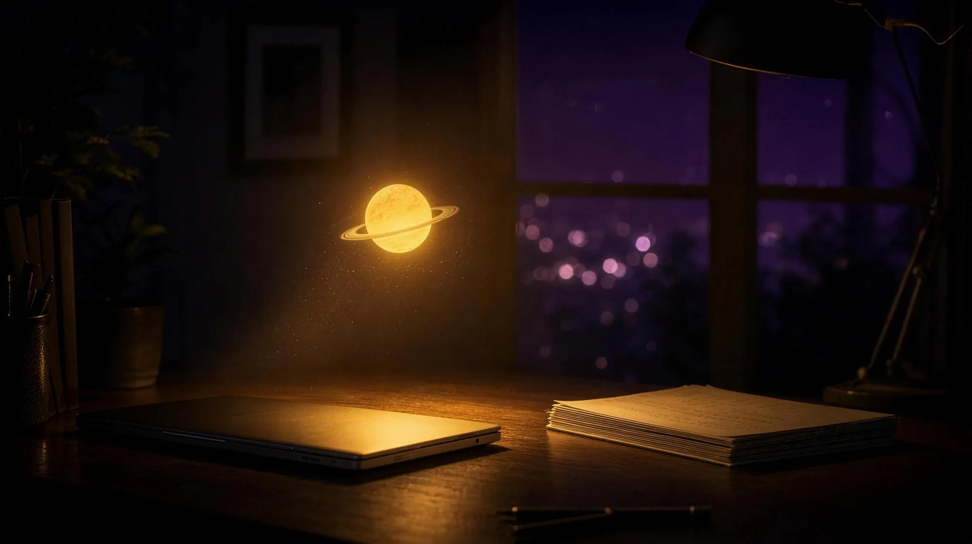Een opgeruimd bureau bij nacht met een dichte laptop en een nette stapel papier, verlicht door een kleine gele planeet met ring